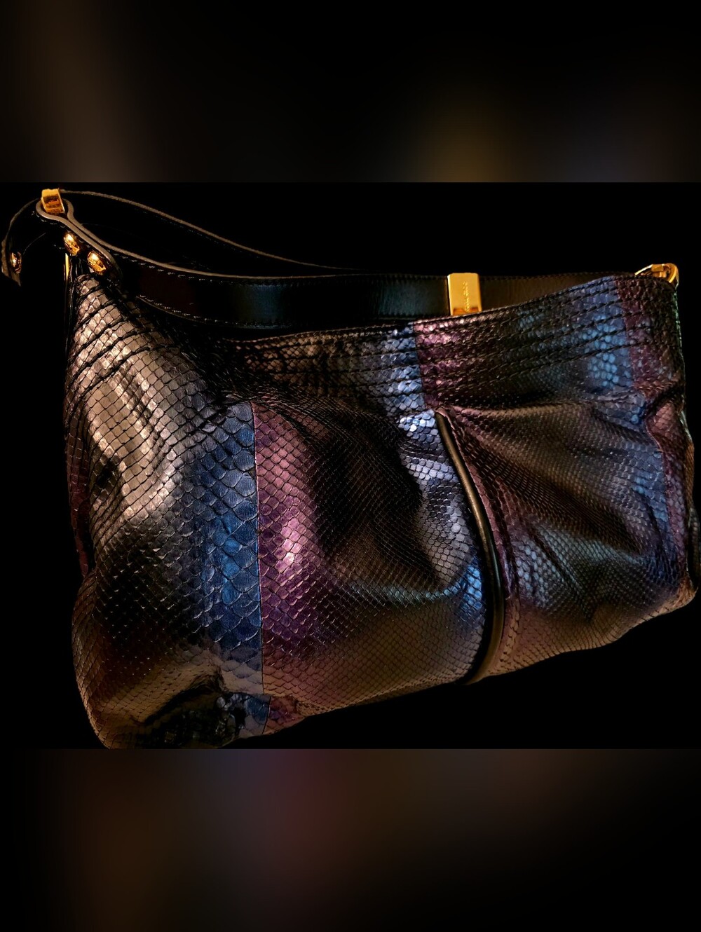 Jimmy Choo Ayse Hobo Black Snakeskin Shoulder Bag with Gold Hardware